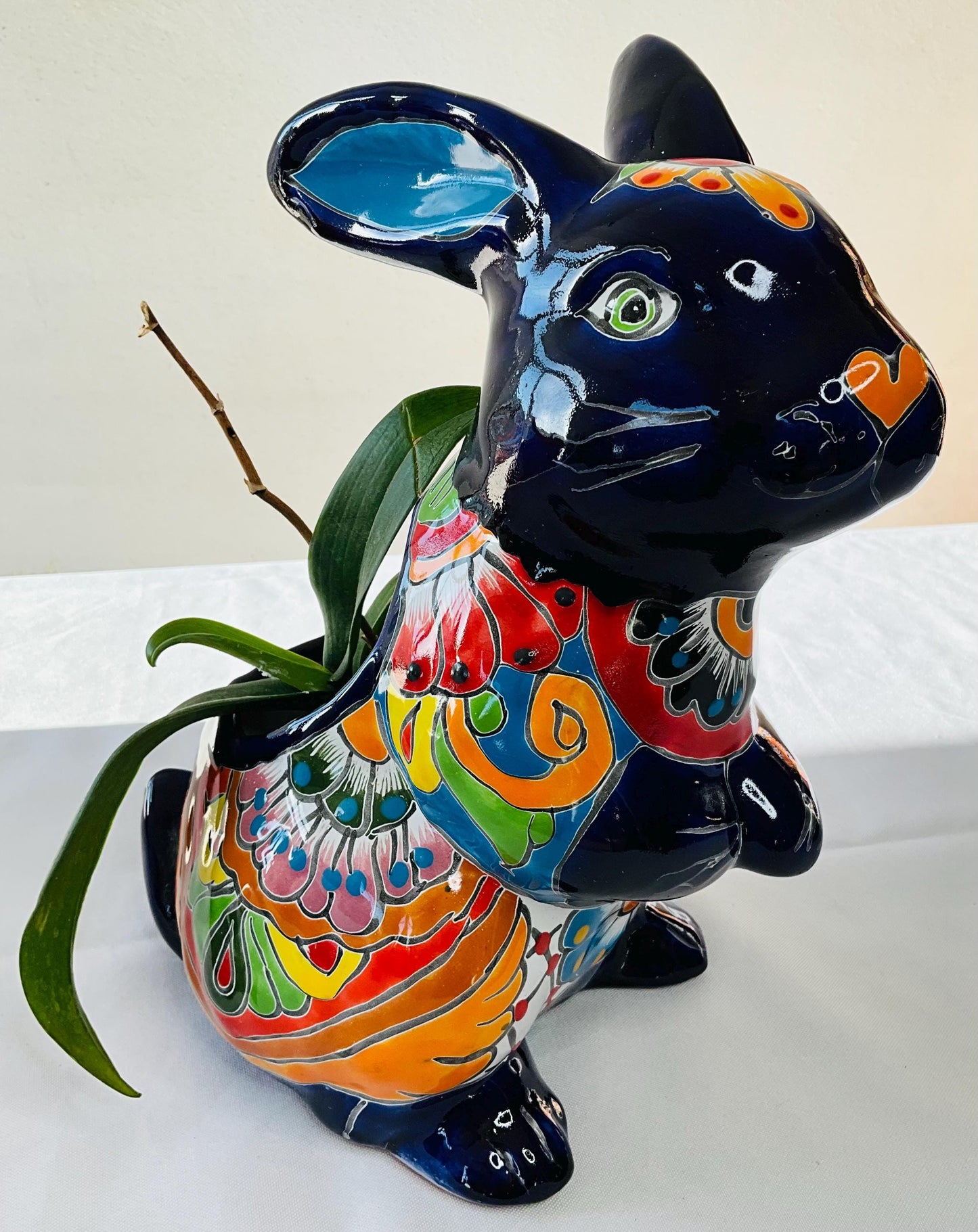 Hand-Painted Talavera Rabbit Pot - Mexican Folk Art Planter