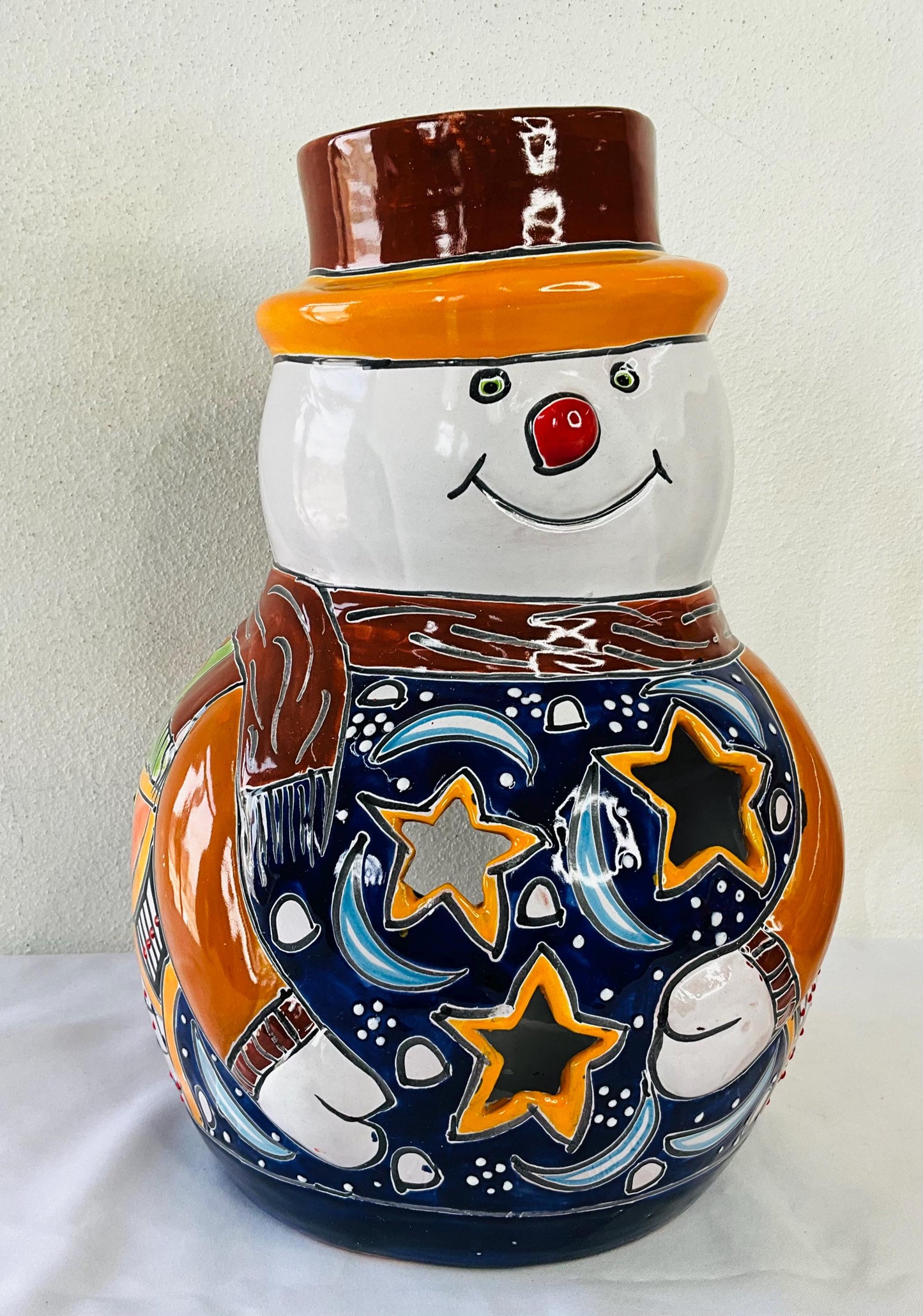 Hand-Painted Talavera Snowman: Mexican Folk Art Christmas Decor
