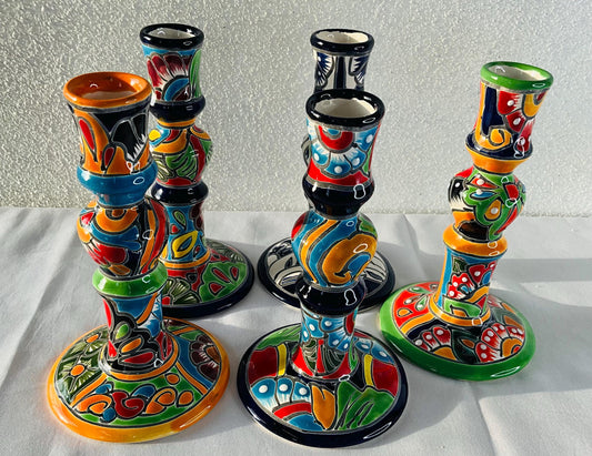 Hand-Painted Talavera Candelabra: Mexican Folk Art Candle Holder