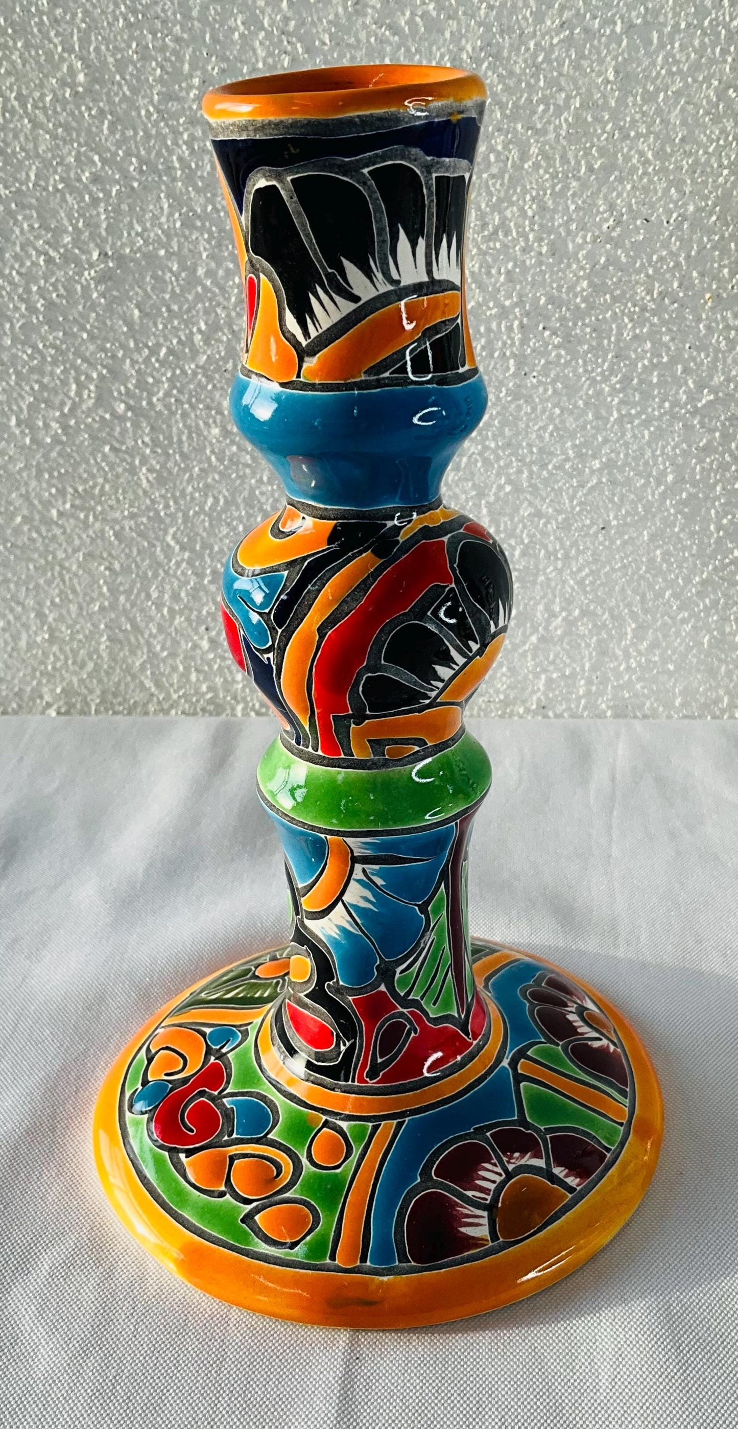 Hand-Painted Talavera Candelabra: Mexican Folk Art Candle Holder